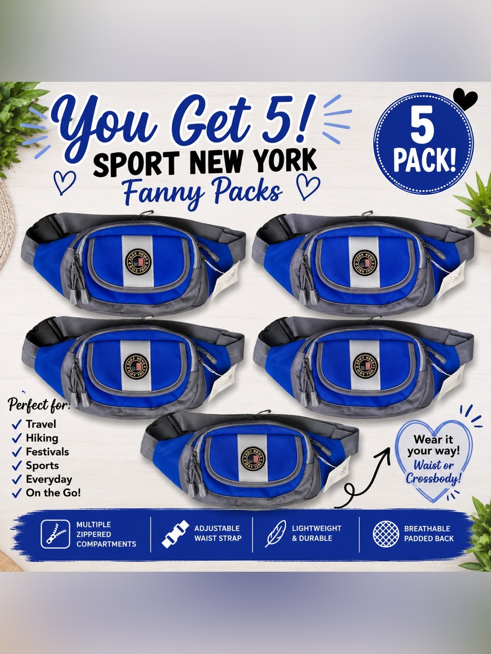 5-Pack Sport New York Fanny Packs | Royal Blue & Gray | Adjustable Waist Bags |